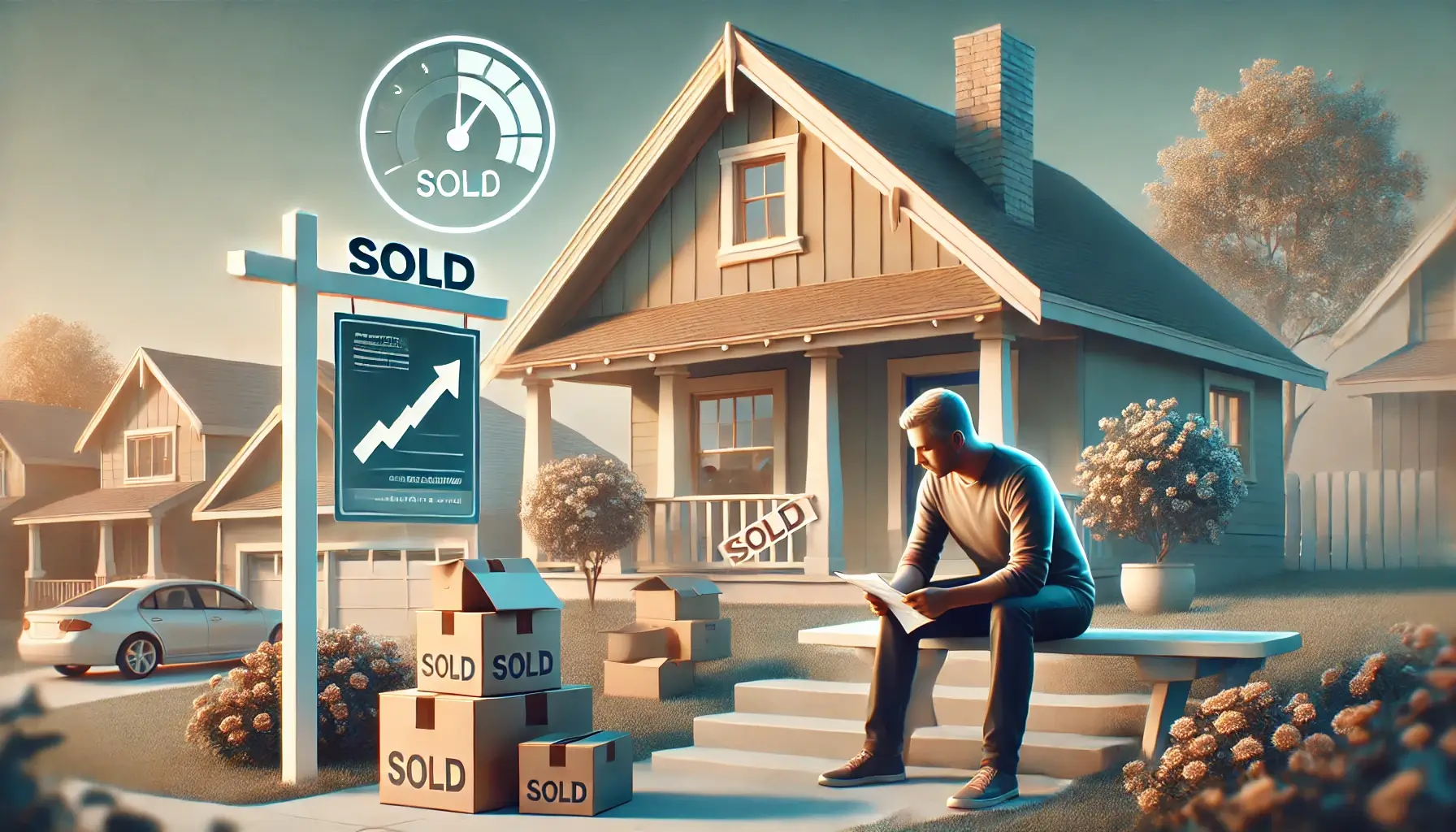 “Post-foreclosure scene with sold house, moving boxes, and person reviewing financial documents, representing life after foreclosure and credit impact illustrating what to expect after foreclosure