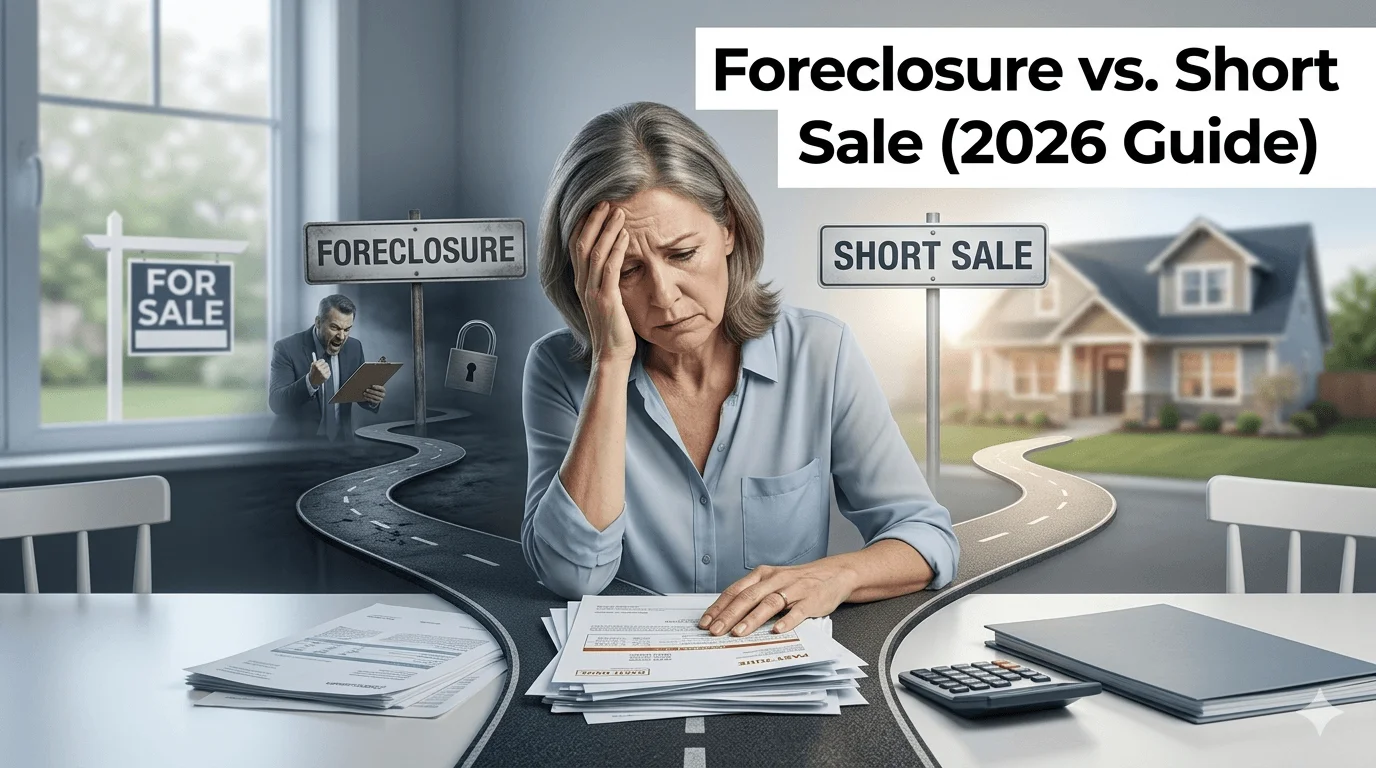 Foreclosure vs. Short Sale: Which Is Better In 2026? A professional comparison graphic of Foreclosure vs. Short Sale featuring a worried homeowner at a desk with financial documents, choosing between two symbolic paths leading to different outcomes.
